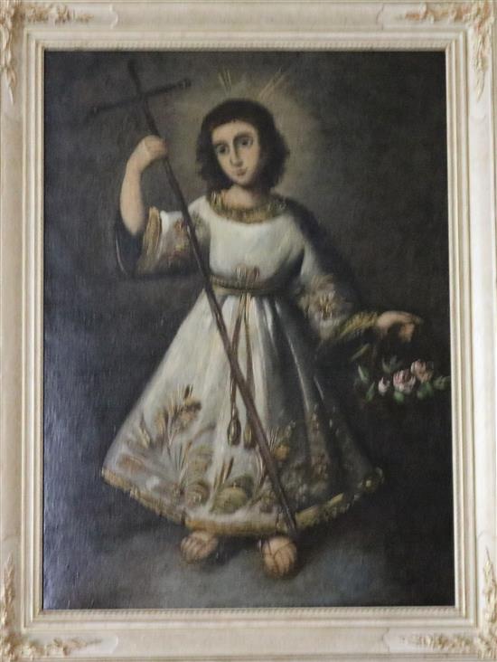 19th century Spanish School Christ as a child holding a cross and basket of flowers 30 x 22in.